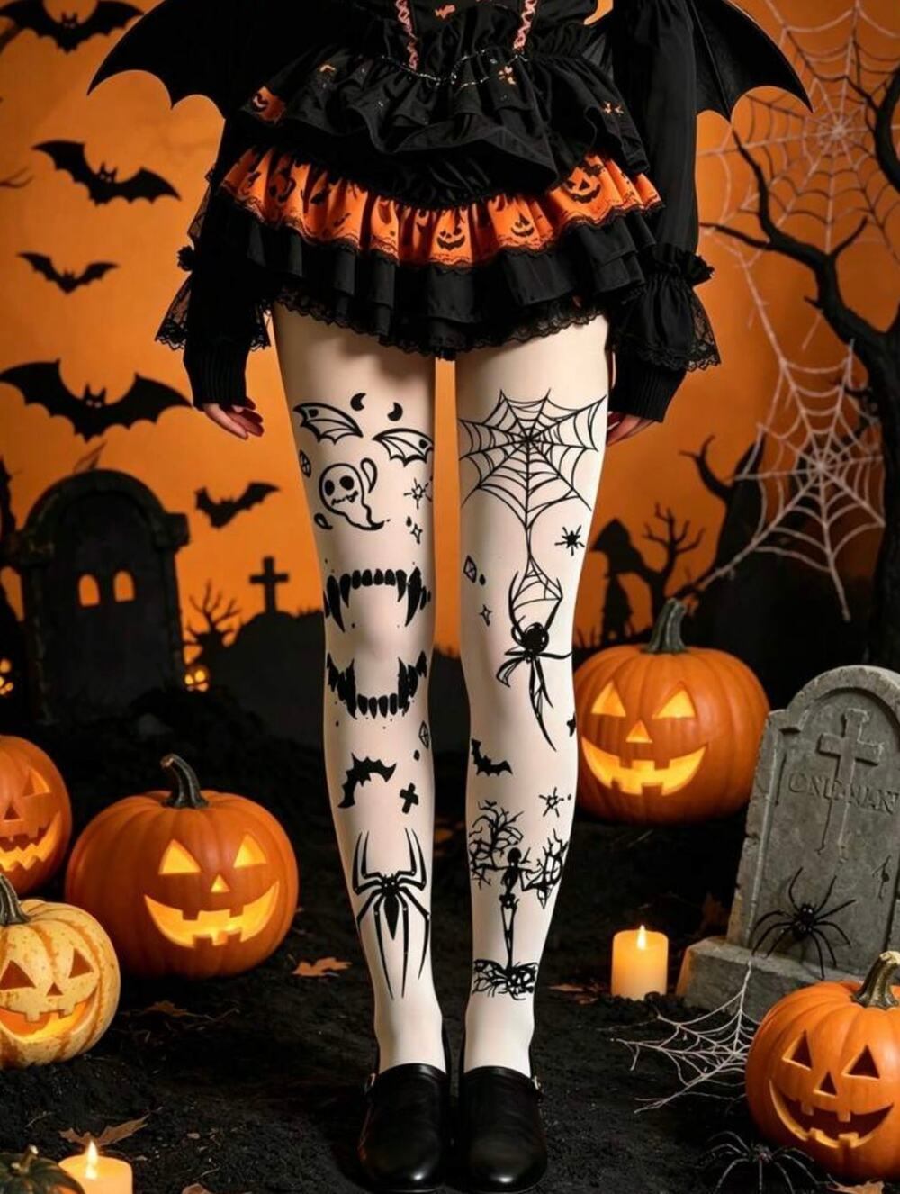 NWT Black & White Halloween Gothic Bat Ghost Spiderweb Spider Skeleton Tights